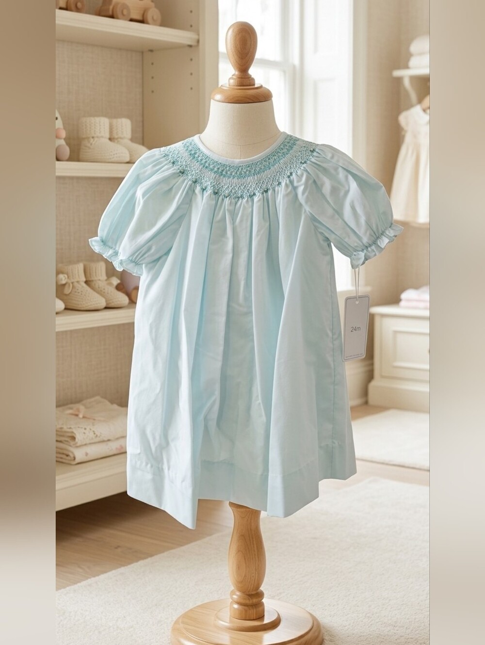 Petit Ami Mint Bishop Smocked Heirloom Dress
